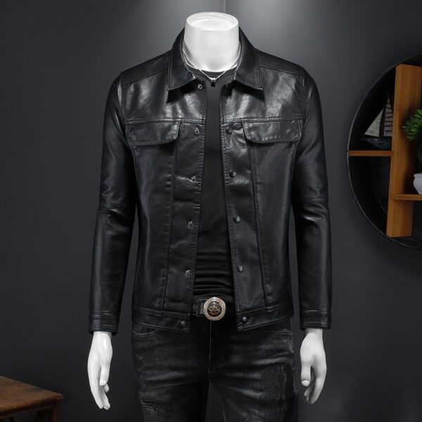 Men's Long-sleeved Lapel Motorcycle Pu Handsome Leather Coat - Image 6