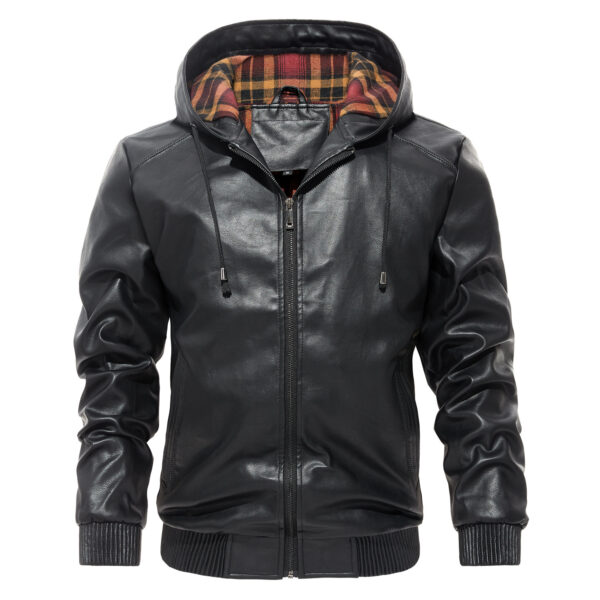 Men's Casual All-matching Hooded Leather Coat Trendy Basic - Image 6