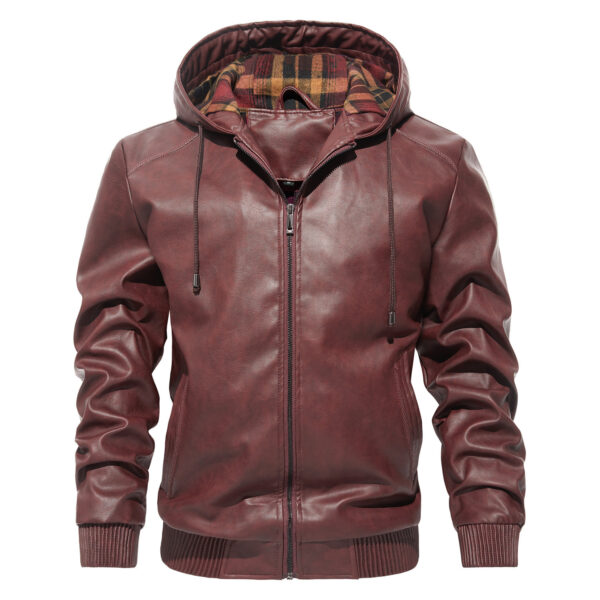 Men's Casual All-matching Hooded Leather Coat Trendy Basic - Image 7