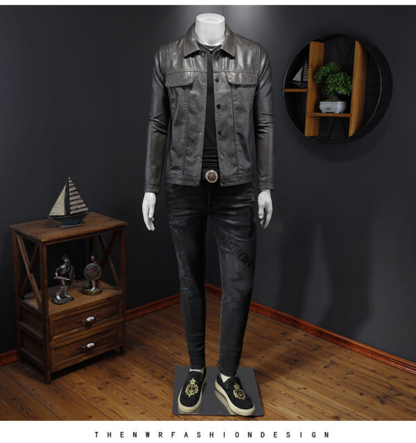 Men's Long-sleeved Lapel Motorcycle Pu Handsome Leather Coat - Image 10