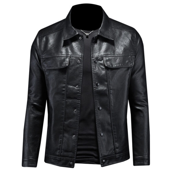 Men's Long-sleeved Lapel Motorcycle Pu Handsome Leather Coat - Image 5