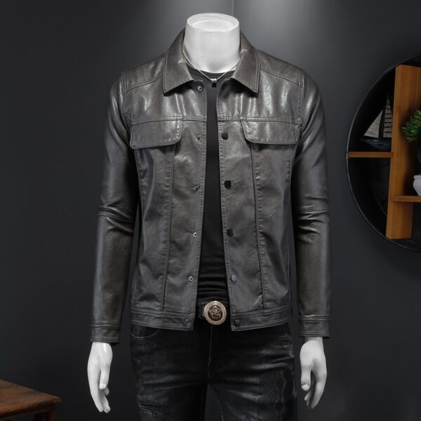 Men's Long-sleeved Lapel Motorcycle Pu Handsome Leather Coat - Image 7