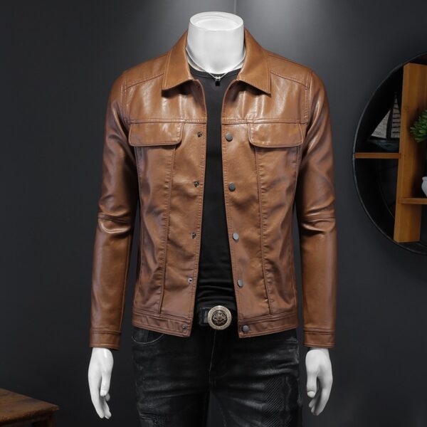 Men's Long-sleeved Lapel Motorcycle Pu Handsome Leather Coat - Image 8