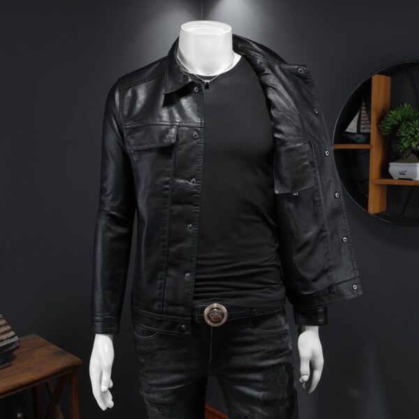 Men's Long-sleeved Lapel Motorcycle Pu Handsome Leather Coat - Image 4