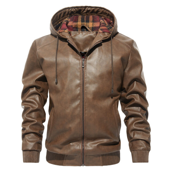 Men's Casual All-matching Hooded Leather Coat Trendy Basic - Image 4